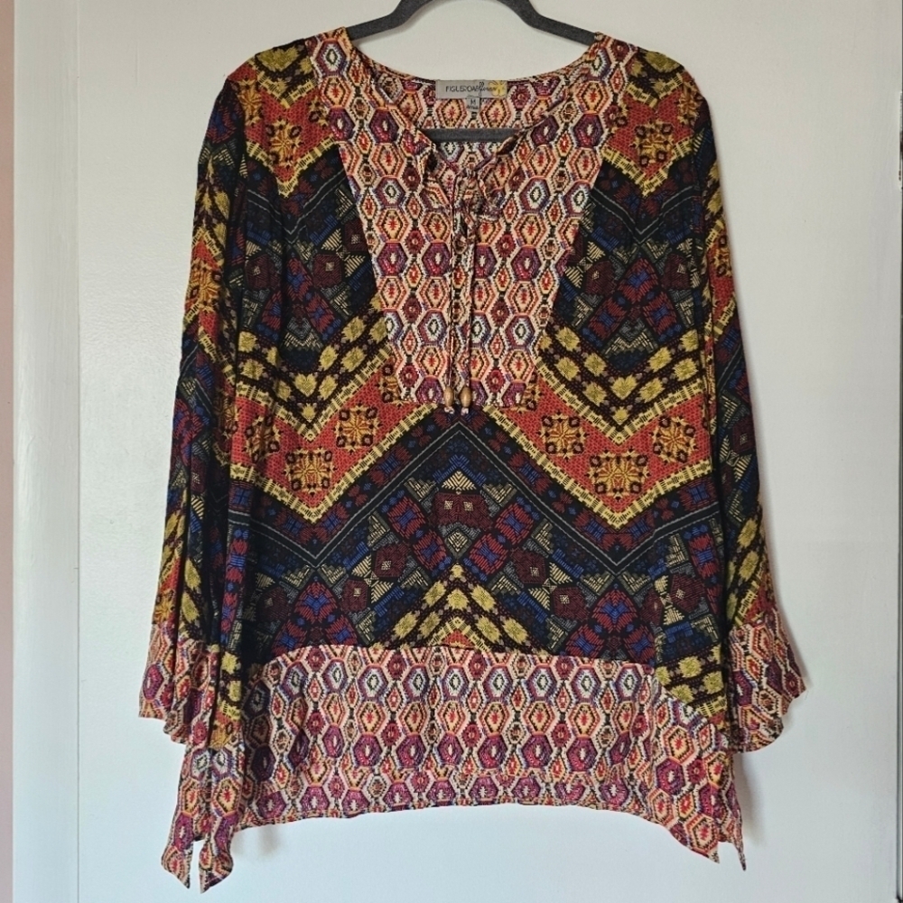 Figueroa & Flower boho rayon paisley v-neck wooden tassel beads tunic Size M